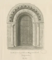 Iglesia de Mayfield - Puerta sur: dibujo en sepia, 1839