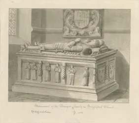 Iglesia de Seighford - Tumba de William y Mercy Bowyer: dibujo en sepia, 1842