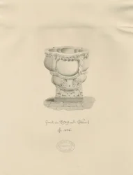 Stafford - Pila bautismal en la Iglesia de Santa María: dibujo en sepia, 1826
