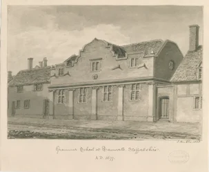 Tamworth - Escuela de Gramática: dibujo en sepia, 1838