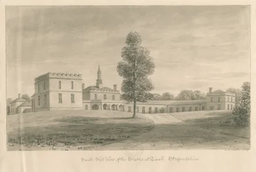 Tixall Hall - Establos: dibujo en sepia, 1841