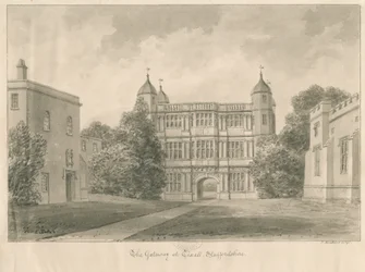 Tixall Hall y Gatehouse: dibujo en sepia, 1841