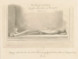 Iglesia de Weston-under-Lizard - Efigie de Sir Hugh de Weston: dibujo en sepia, 1842