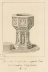 Wolverhampton - Pila bautismal en la Iglesia de San Pedro: dibujo en sepia, 1837