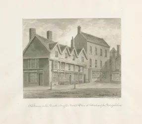Wolverhampton - Casas antiguas en el lado sur de la plaza del mercado: dibujo en sepia, 1847