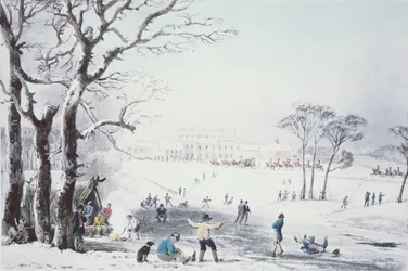 Vista de la Casa de Buckingham y el Parque St James en el Invierno, pub. por R. Havell y Sons, 1810
