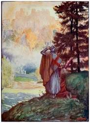 Cristiano y Esperanza ven la Ciudad Celestial de El progreso del peregrino de este mundo al venidero por John Bunyan (1628-1688) Ilustración de Byam Shaw (1872-1919)