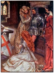 Cristiano armado de El progreso del peregrino de este mundo al venidero por John Bunyan (1628-1688) Ilustración de Byam Shaw (1872-1919), Cristiano en la armería del Palacio Hermoso