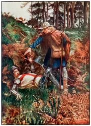 Fiel ayuda a Cristiano a levantarse después de su caída de El progreso del peregrino de este mundo al venidero por John Bunyan (1628-1688) Ilustración de Byam Shaw (1872-1919) mostrando a Cristiano siendo