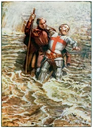 Esperanza ayuda a Cristiano a cruzar el río de El progreso del peregrino de este mundo al venidero por John Bunyan (1628-1688) Ilustración de Byam Shaw (1872-1919), los peregrinos cruzan el
