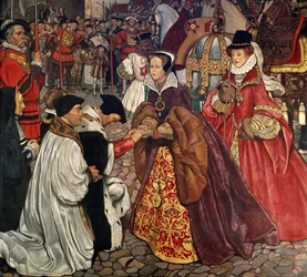 La reina María (1516-58) y la princesa Isabel (1533-1603) entrando en Londres, 1553, 1910