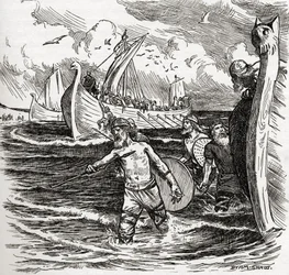 El desembarco de los jutos en la Isla de Thanet, Kent, Inglaterra, 449 d.C., del libro 