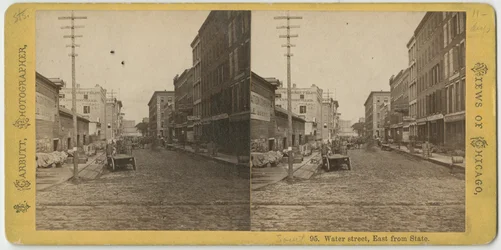 Estereografía de la vista de Water Street mirando al este desde State Street, Chicago, c.1870