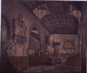 Vista Interior de la Iglesia de San Giles, Cripplegate, mirando al oeste, mostrando el Monumento de Constance Whitney