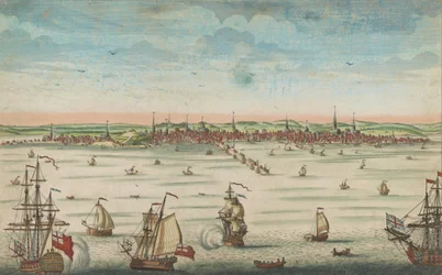 Vista sureste de la gran ciudad de Boston en Nueva Inglaterra en América, 1730-60
