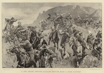 Una persecución caliente, caballería británica expulsando a un puesto avanzado bóer