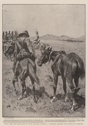 Lo que la guerra ha hecho a nuestros caballos de caballería, un soldado llevando a su caballo agotado