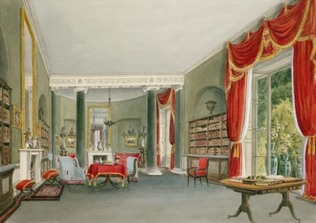 Biblioteca y sala de dibujo en Bromley Hill, Kent (residencia del Honorable Charles Long)