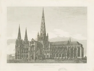 Catedral de Lichfield - Vista Sureste: grabado, nd [c 1820] (impresión)