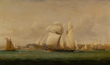 Un Goleta de Vela Alta, Dos Cortadores del Escuadrón Real de Yates y un Barco Mercante Americano