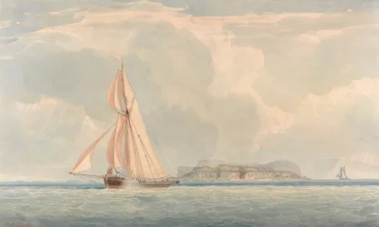 Barco navegando a la izquierda con una isla al fondo