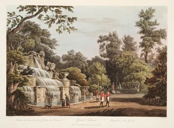 Gran Trianón, Fuente en el Jardín, ilustración de Versalles, París y Saint Denis, pub. 1805