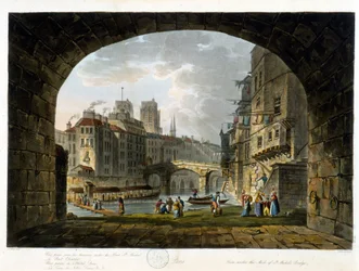 París: Pont de Chatelet y Hotel Dieu - en “París visto por J.C. Matttes”, ed. Miller, Londres