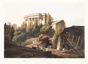 Versalles, El Pabellón de Lucienne, Obras Hidráulicas de Marly, ilustración de Versalles, París y Saint Denis, pub. 1806