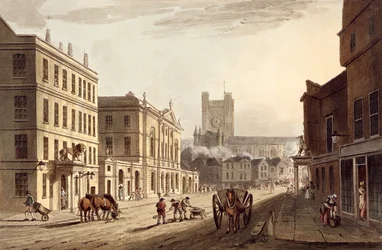 Vista del Ayuntamiento, Mercado y Abadía, de 