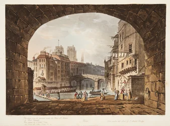 Desde debajo del arco del Puente de San Miguel, ilustración de Versalles, París y Saint Denis, pub. 1805