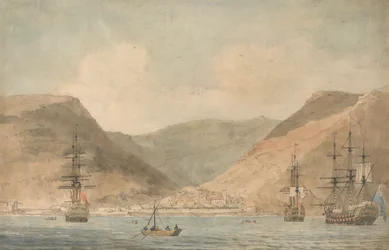 Vista de Jamestown, Santa Elena, desde el mar con embarcaciones
