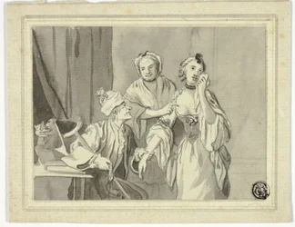 Ilustración literaria: Un anciano detiene a una joven acompañada por una mujer mayor