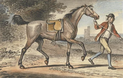 Muchacho de establo guiando un caballo al trote en un paisaje con una torre de castillo