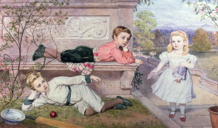 Los niños Farrer, Gaspard, Henry y Cecilia en los jardines de una casa de campo en Berkshire