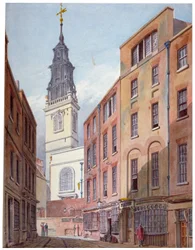 Iglesia de San Miguel, Crooked Lane y parte de Crooked Lane, Ciudad de Londres, c. 1815
