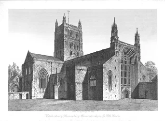 Monasterio de Tewkesbury, Gloucestershire, vista noroeste, principios del siglo XIX