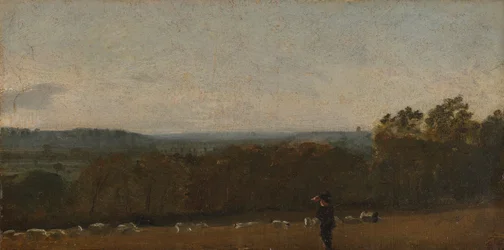 Un pastor en un paisaje mirando a través de Dedham Vale hacia Langham