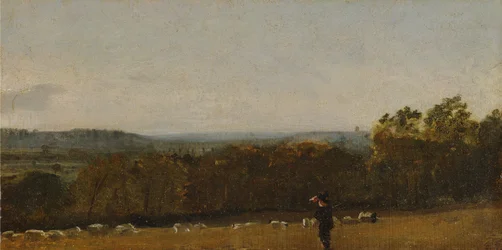 Un pastor en un paisaje mirando a través de Dedham Vale hacia Langham