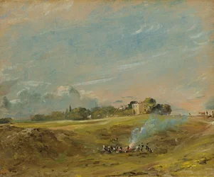Vista de Hampstead Heath, con figuras alrededor de una hoguera