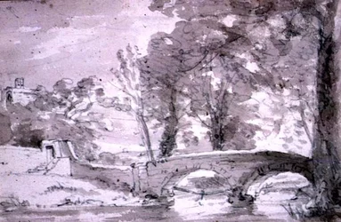 Puente con árboles y edificios, en Haddon