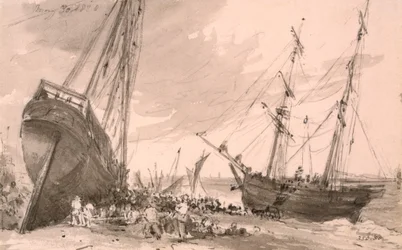 Escena costera de Brighton con dos barcos en primer plano, 30 de mayo de 1828