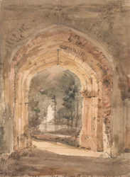 Iglesia de Bergholt Este, mirando por el arco sur de la torre en ruinas