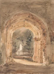 Iglesia de Bergholt Este, mirando por el arco sur de la torre en ruinas