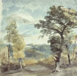 Paisaje con árboles y una mansión distante