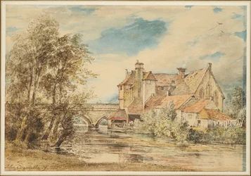Casas antiguas en el puente de Harnam, Salisbury, con el antiguo hospital de San Nicolás