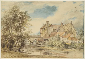 Casas antiguas en el puente de Harnam, Salisbury con el antiguo hospital de San Nicolás