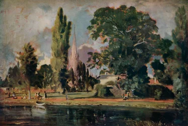 Catedral de Salisbury y Leadenhall desde el río Avon, 1820