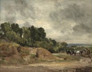 Bancos de arena y un carro y caballos en Hampstead Heath