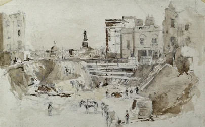 Construcción del ferrocarril de Londres y Birmingham, hacia 1835 (lápiz y aguada sobre papel)