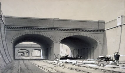 Vista cerca de la estación de Euston con tres puentes elevados, septiembre de 1837